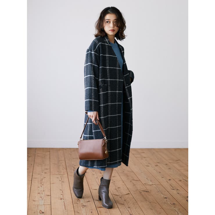 ELENCARE DUE チェックVネックロングコート[品番：GRPW0025515]｜Green