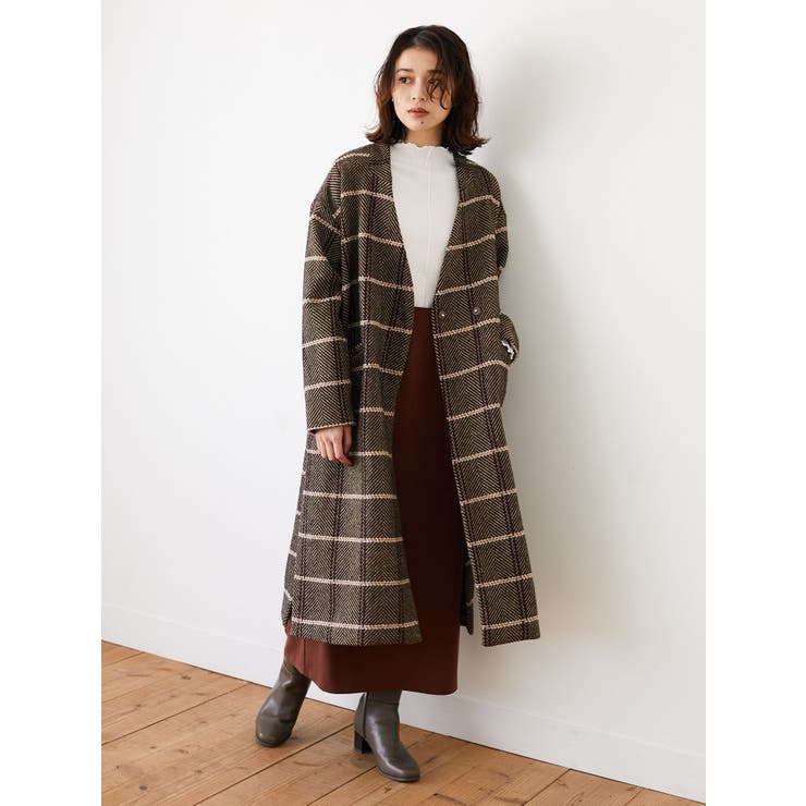 ELENCARE DUE チェックVネックロングコート[品番：GRPW0025515]｜Green