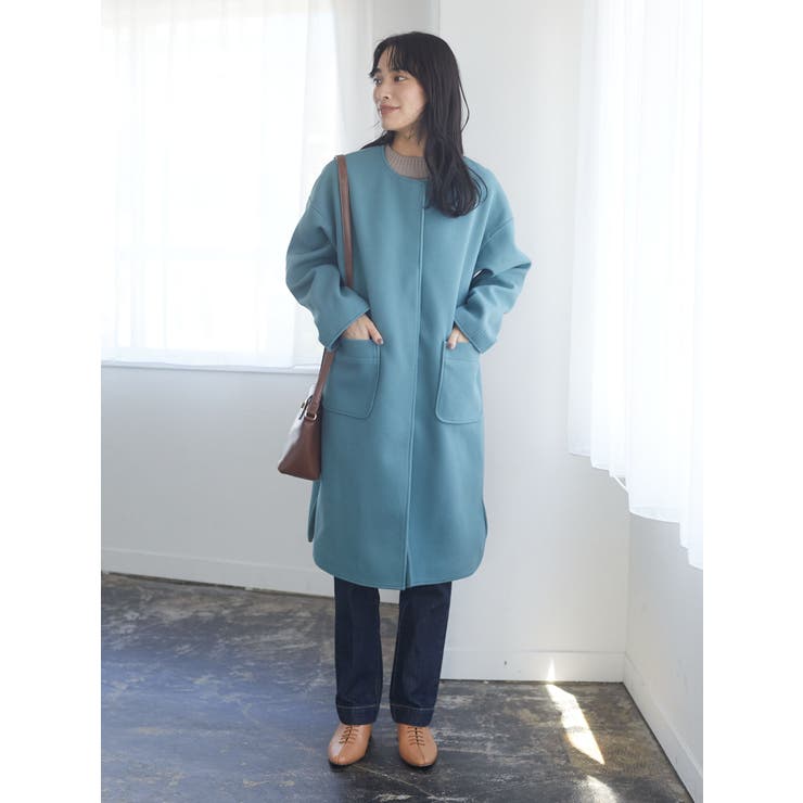 【パラスパレス】ノーカラーコート　ダークグリーン ノーカラーコート[品番：GRPW0032021]｜Green Parks （グリーン