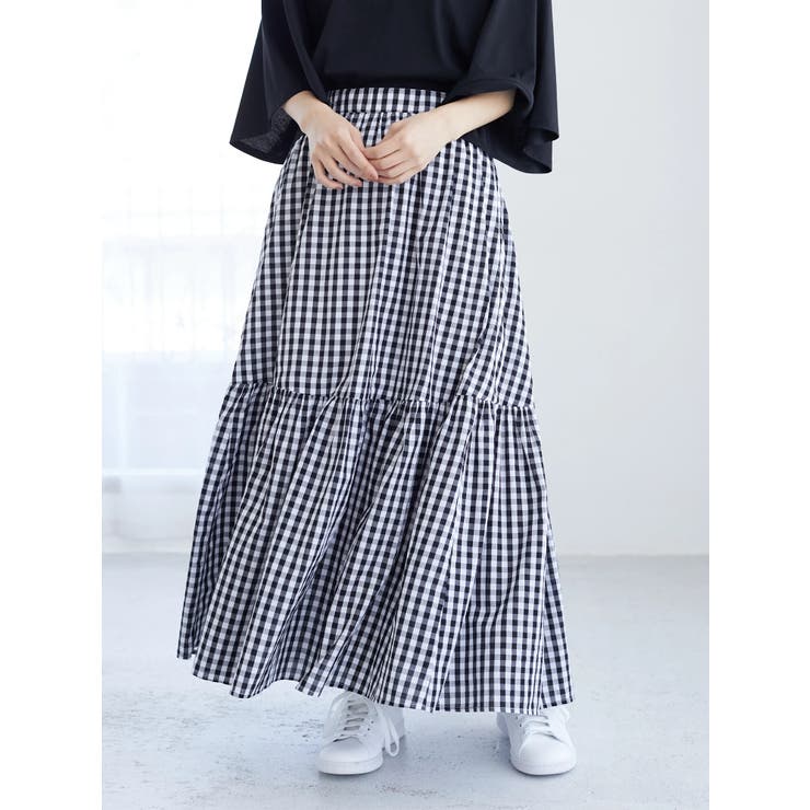 ブラック | ・ESCAR ギンガムティアードスカート | Green Parks 