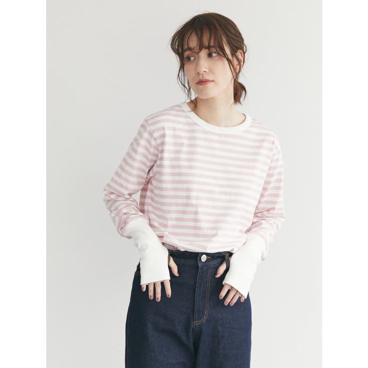 ピンク | 指穴ボーダーカットプルオーバー | Green Parks 