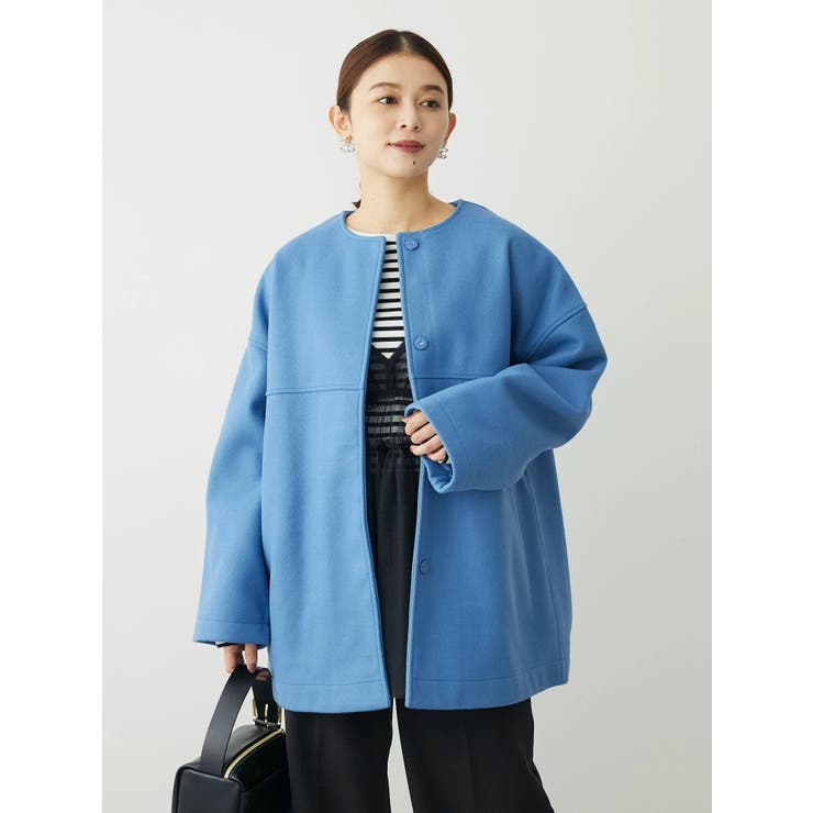 ブルー ショートアーミーコート Lサイズ 洗えるノーカラーショートコート[品番：GRPW0041718]｜Green Parks