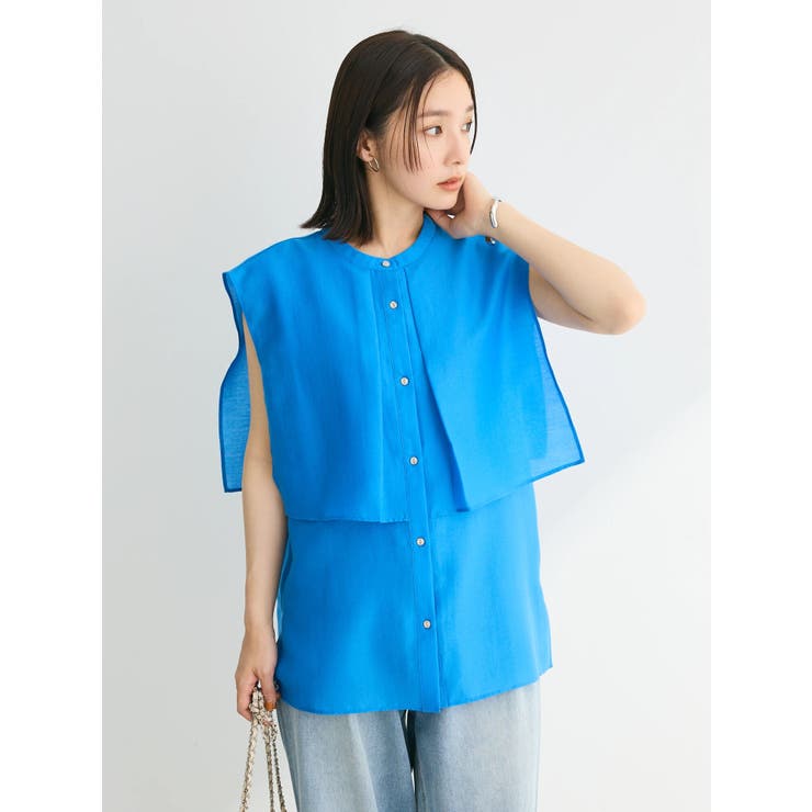 グリーン プリーツ ノースリーブ Tunic OPAQUE.CLIP｜ボクシーノースリーブカットソー【洗濯機洗い可