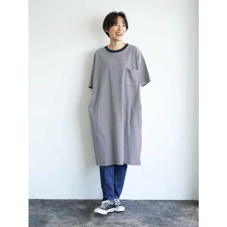 ポケット付き5分袖ボーダーカットワンピース[品番：EHEW0028057