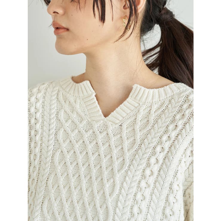 キーネックケーブルニットプルオーバー[品番：EHEW0028537]｜AMERICAN