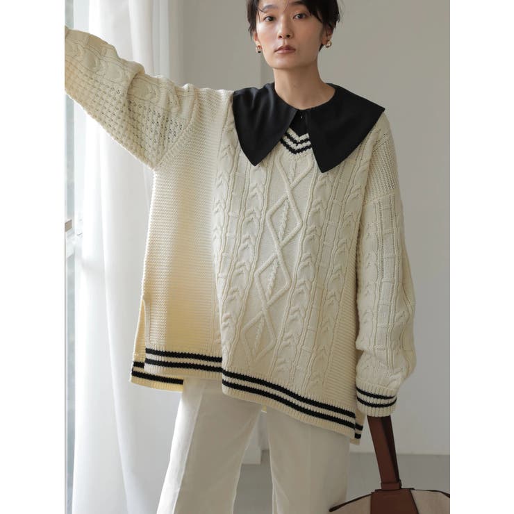 Vネックチルデンケーブルニットプルオーバー[品番：EHEW0031611