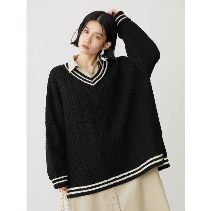 Vネックチルデンケーブルニットプルオーバー[品番：EHEW0031611