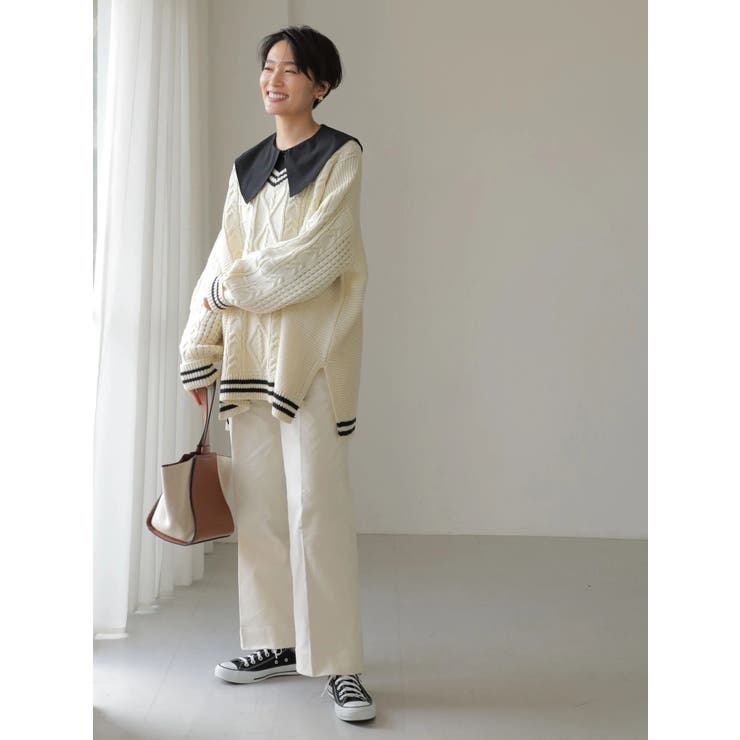 Vネックチルデンケーブルニットプルオーバー[品番：EHEW0031611