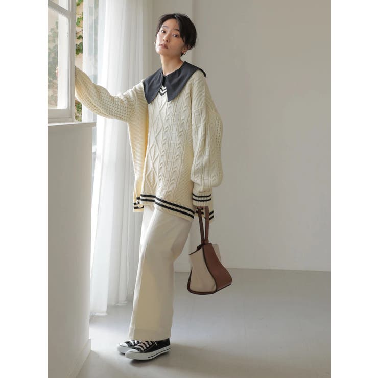 Vネックチルデンケーブルニットプルオーバー[品番：EHEW0031611