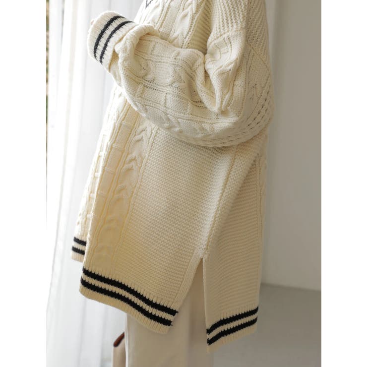 Vネックチルデンケーブルニットプルオーバー[品番：EHEW0031611