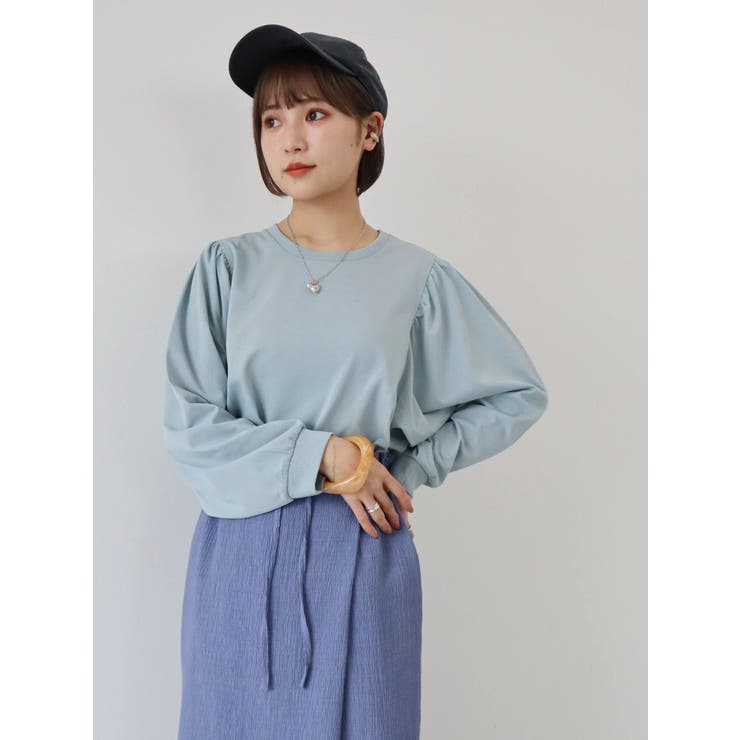 【ブルー】袖ギャザーカットTOP 袖ギャザーカットプルオーバー[品番：EHEW0033585]｜AMERICAN HOLIC