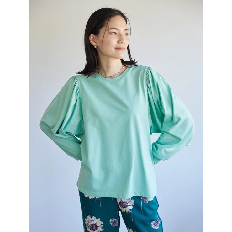 【ブルー】袖ギャザーカットTOP 袖ギャザーカットプルオーバー[品番：EHEW0033585]｜AMERICAN HOLIC