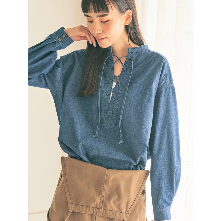 デニムレースアップシャツチュニック[品番：EHEW0036657