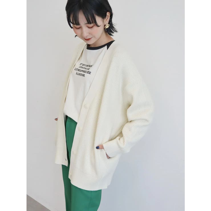 パチパチしにくいVネック片畦ニットカーディガン[品番：EHEW0037344