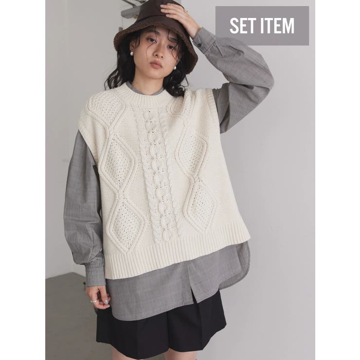 ☆美品☆AMERI チルデンニットベスト&シャツ2点セット SET ケーブルニットベスト+シャツチュニック[品番：EHEW0037092