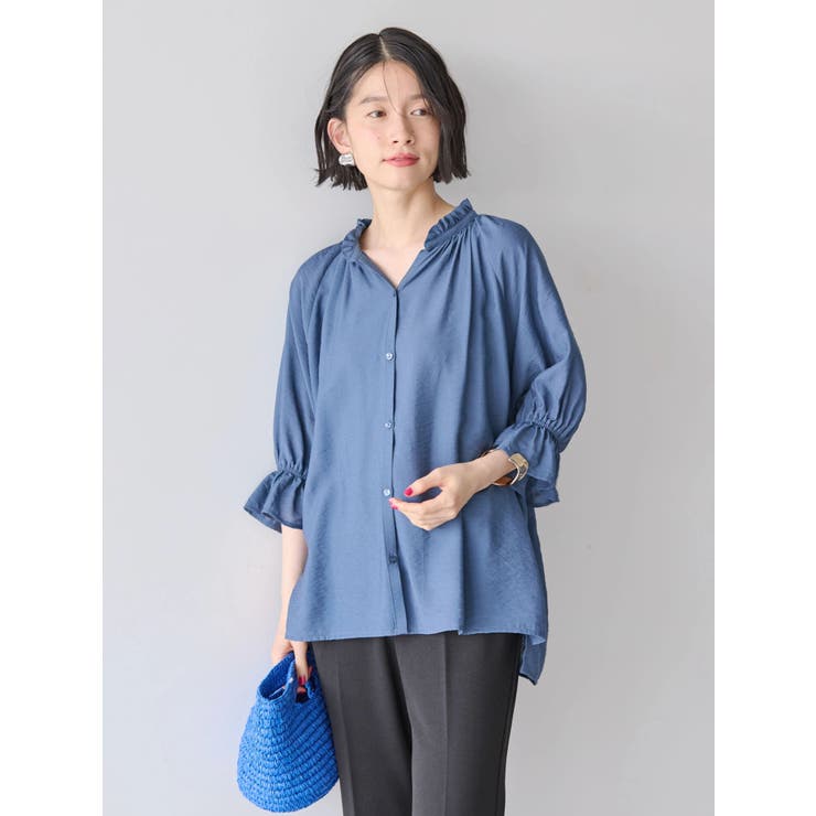 接触冷感 フリル衿5分袖ブラウス[品番：EHEW0044571]｜AMERICAN HOLIC 