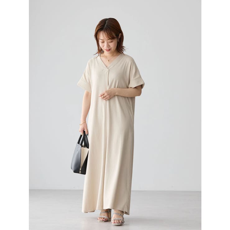 極美品♪定価2.8万 チノリネンVネックブラウス＆ロワズィール ワンピース 2点 WEB限定・小柄女性向け】接触冷感Vネックリネンブレンド