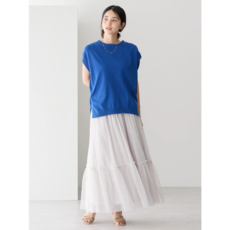 シャルボン　ノースリーブ　ブルー ボンディングアシンメトリーZIP プルオーバー|allureville