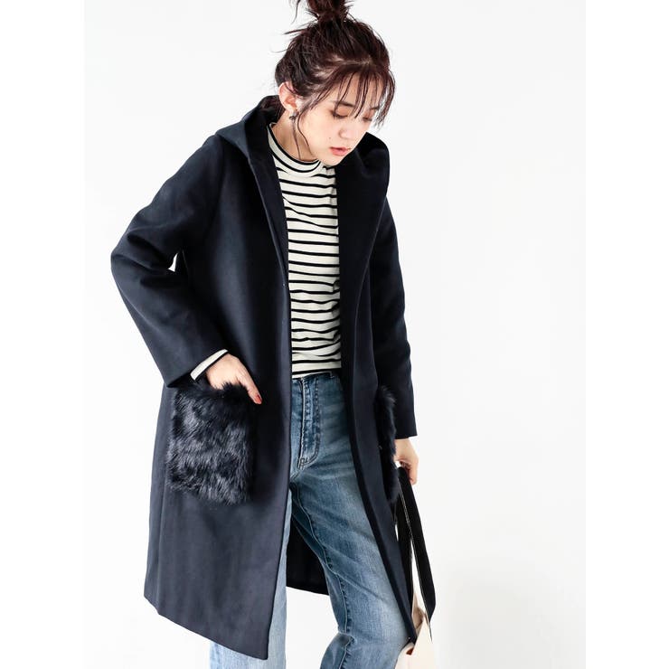 取り外しポケットファーフード付ロングコート[品番：KOEW0010144