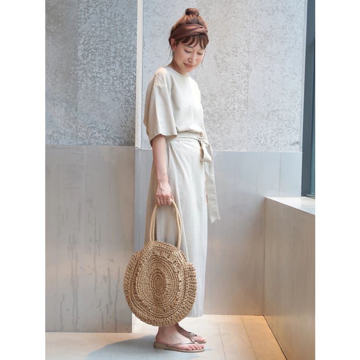【Max Mara】 半袖 ワンピース 膝丈 バイカラー ベージュ×白 ベルト 麻混ベルト付きワンピース[品番：KOEW0015167]｜koe（コエ
