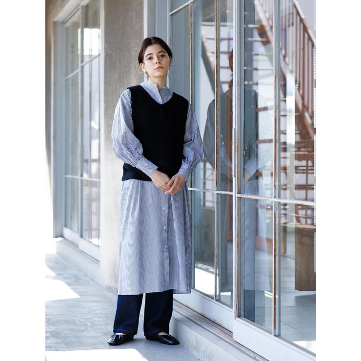 WEB限定】バンドカラーストライプロングシャツワンピース[品番