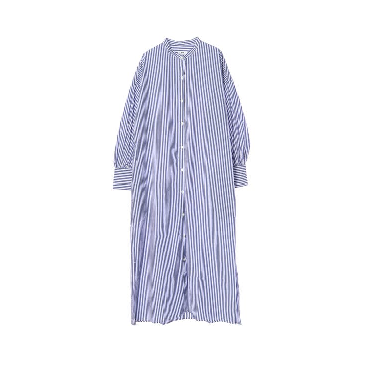 WEB限定】バンドカラーストライプロングシャツワンピース[品番