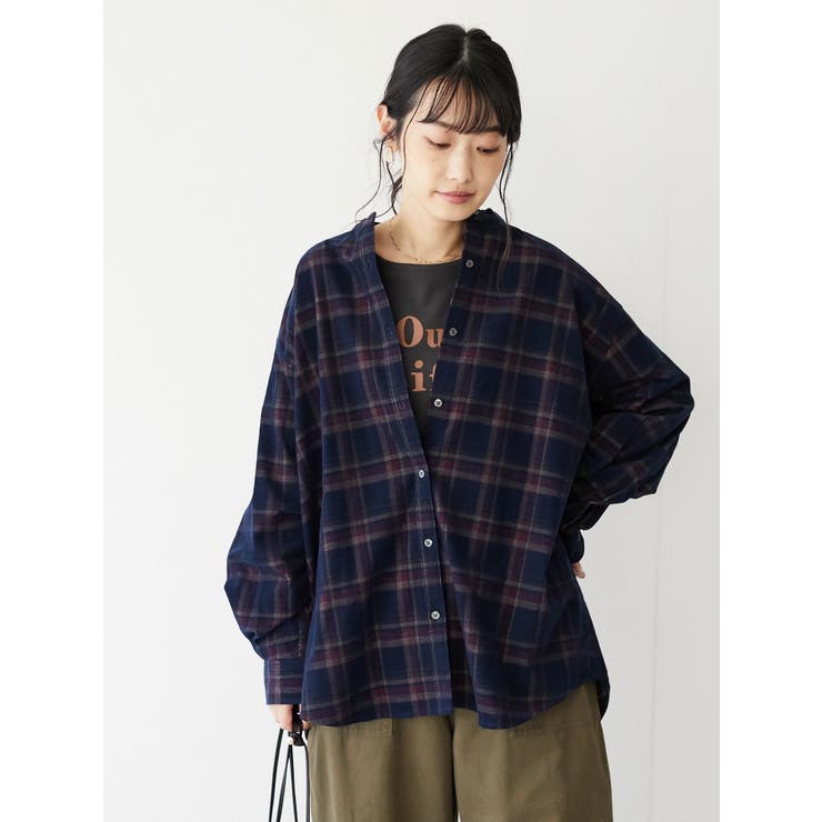 コールテンチェックバンドカラーシャツ[品番：EHEW0031962
