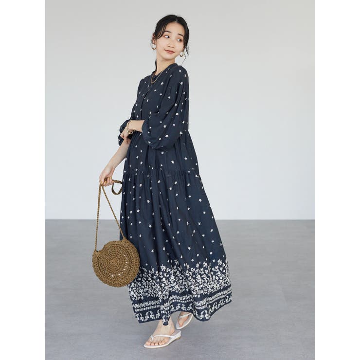 インドコットン混】花柄パネルティアードワンピース[品番：EHEW0033358