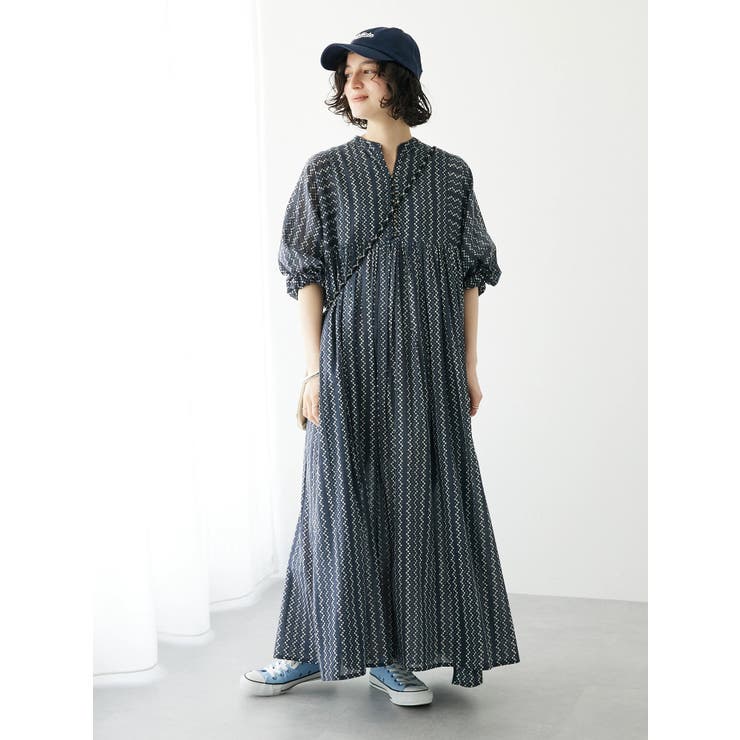 インドコットンドットストライプ柄ワンピース[品番：EHEW0039825