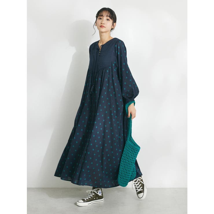 極美品✨マーブルシュッド　インド製綿　リーフ柄　ギャザーロングワンピース　緑 極美品✨マーブルシュッド インド製綿 リーフ柄 ギャザーロング