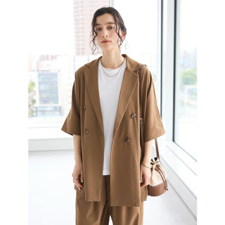 ダークブラウン テーラードジャケット 半袖 セール】drape tailored collar Shirt/ドレープ テーラード