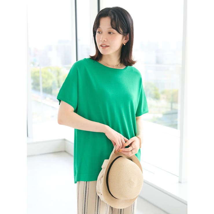 ニット セーター 袖シアークロップドニット/接触冷感/UVカット/洗える レディース UVカット/接触冷感/洗える/ 半袖ニットプルオーバー[品番