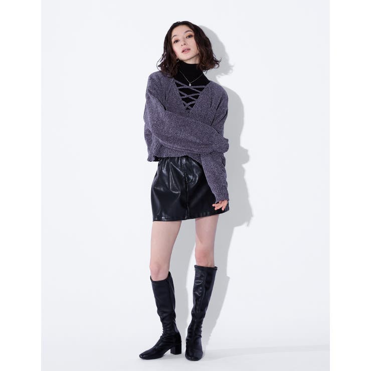 【Adoon plain Ladies】レースアップベロアモールニット