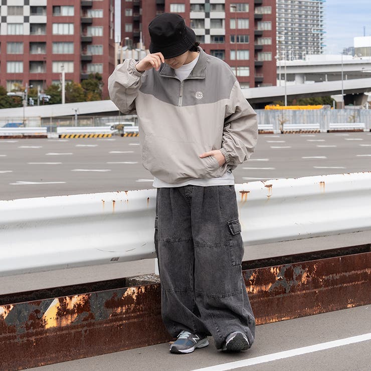 kutir】裾絞り配色ナイロンハーフジップ[品番：KTRW0029172