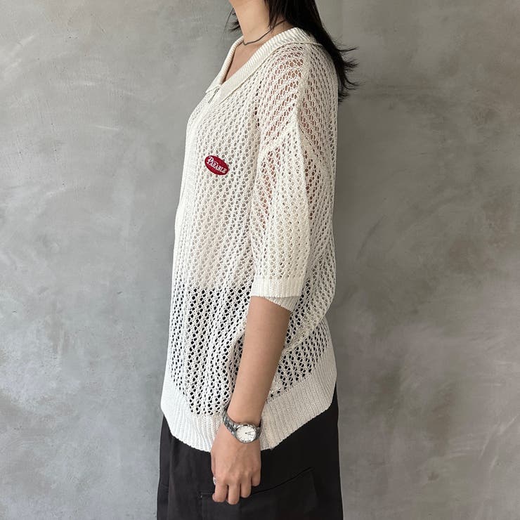 Courreges ✨美品✨ ハーフジップ 長袖 トップス ロゴ ワッペン 38 クレージュ カットソー 長袖 メッシュ 38 ハーフジップ
