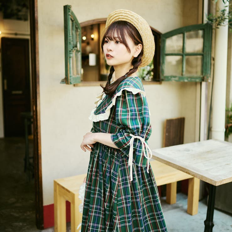 【新品未使用】arla kiely*Ruby rivet ビッグ襟 ワンピース マルチウェイビッグ襟チェックリボンワンピース[品番