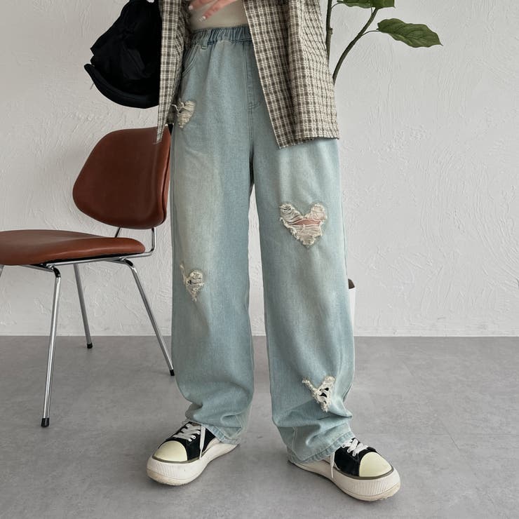 kutir】オーバーダイハートダメージデニムパンツ[品番
