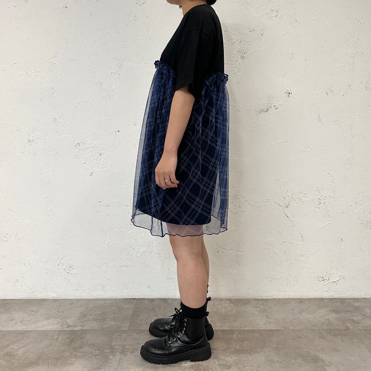 kutir】チェックチュールドッキングミニワンピース[品番