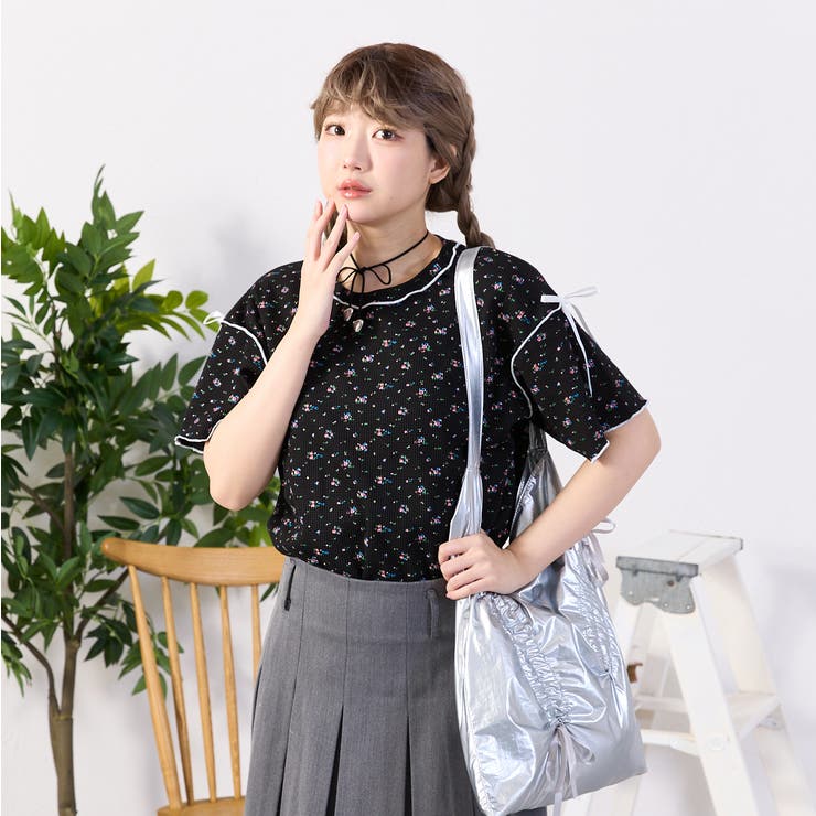 kutir】小花柄ワッフルリボンTシャツ/サーマルTシャツ[品番