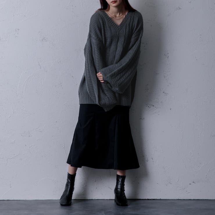 Adoon plain Ladies】Vネックケーブルニット[品番：KTRW0022056