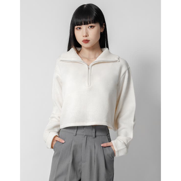 Adoon plain Ladies】ショート丈ハーフジップニット[品番：KTRW0022957