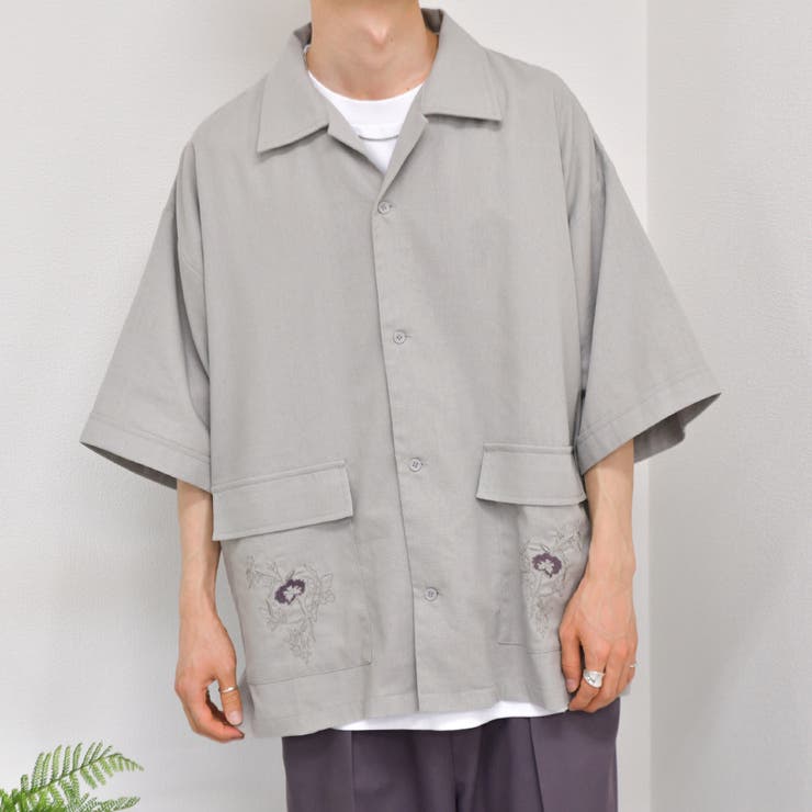 【人気】　45R 後染めリネンのサファリシャツ　開襟シャツ　麻　R刺繍 人気】 45R 後染めリネンのサファリシャツ 開襟シャツ 麻 R刺繍