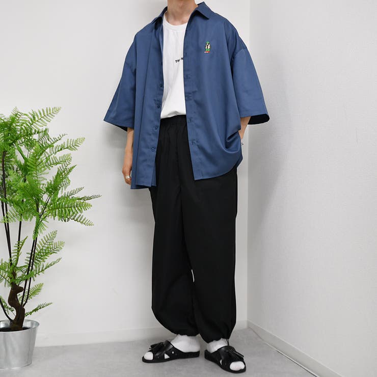 古着 レトロ シャツ 刺繍 ワンポイント デザインシャツ ブルー メンズ 半袖 古着 レトロ シャツ 刺繍 ワンポイント デザインシャツ ブルー