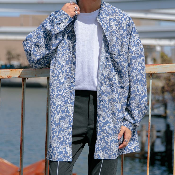 Adoon plain】バンドカラーオーバー柄シャツ[品番：KTRW0020259