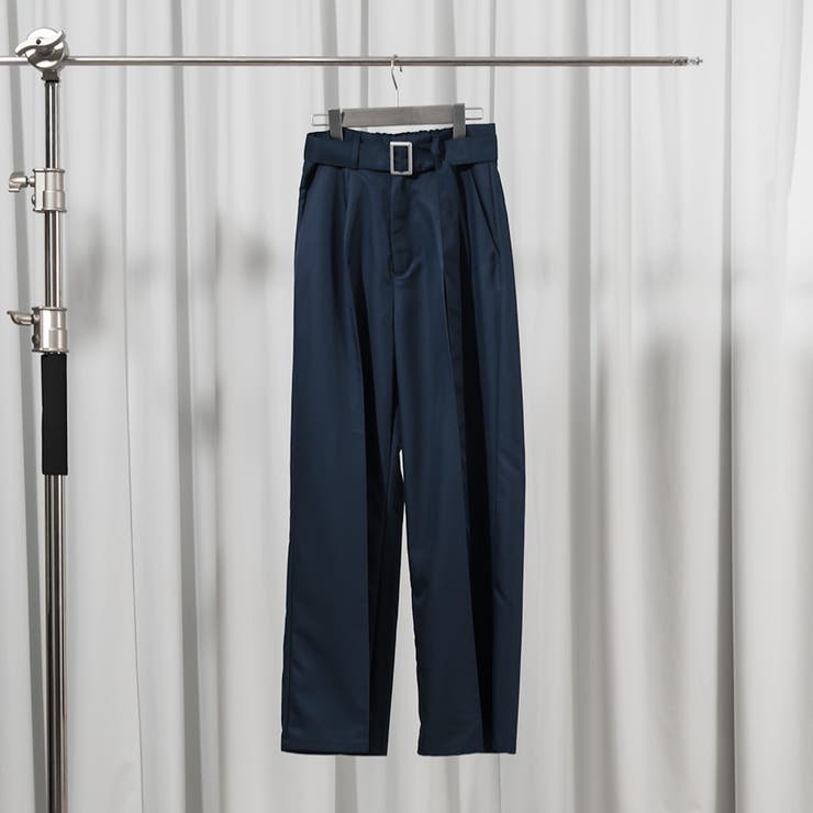 ネイビー ワイドパンツ ベルト付き 新作数量限定】ベルトつきハイウエストワイドストレートパンツ