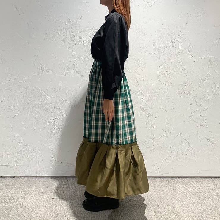 切り替えチェック フレアスカート ツイード風 高見えツイードチェックフレアースカート【美人百花掲載