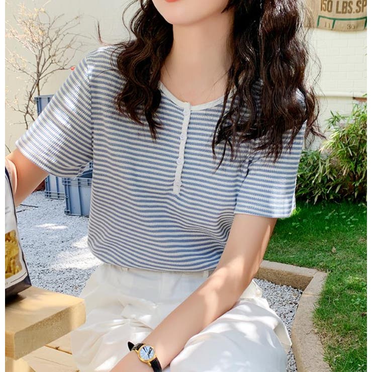 ブルー | ヘンリーネックボーダートップス【韓国ファッション】 | Girly Doll
