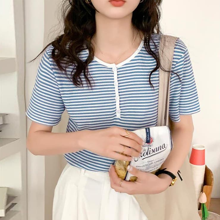 ヘンリーネックボーダートップス【韓国ファッション】 | Girly Doll | 詳細画像3 