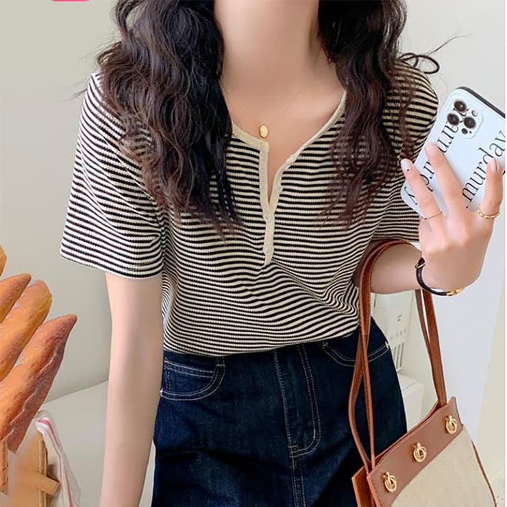 ブラック | ヘンリーネックボーダートップス【韓国ファッション】 | Girly Doll