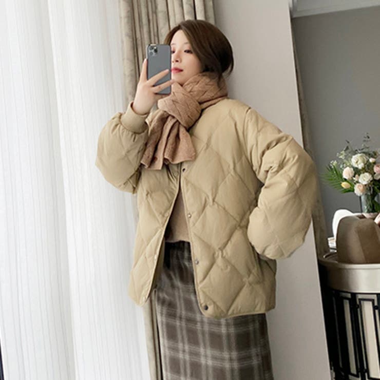 ノーカラーキルティングダウンジャケット【韓国ファッション】[品番